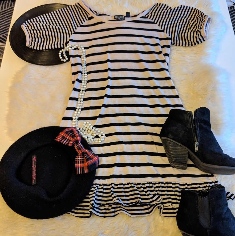 Eclipse Striped ruffle short sleeve tunic dress